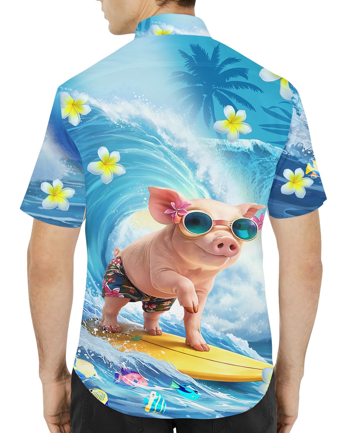 Second lifestyle view showcasing the fun surfing pig hawaiian shirt in a natural setting