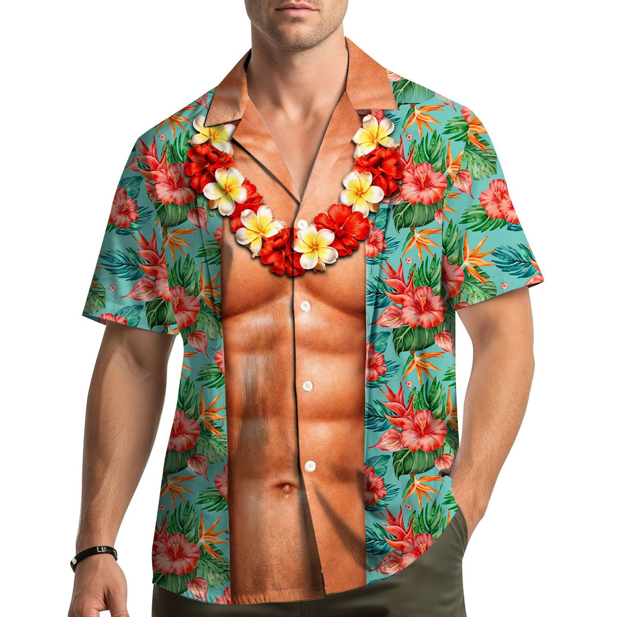 Lifestyle view of a person wearing the novelty tropical hawaiian shirt with muscle illusion