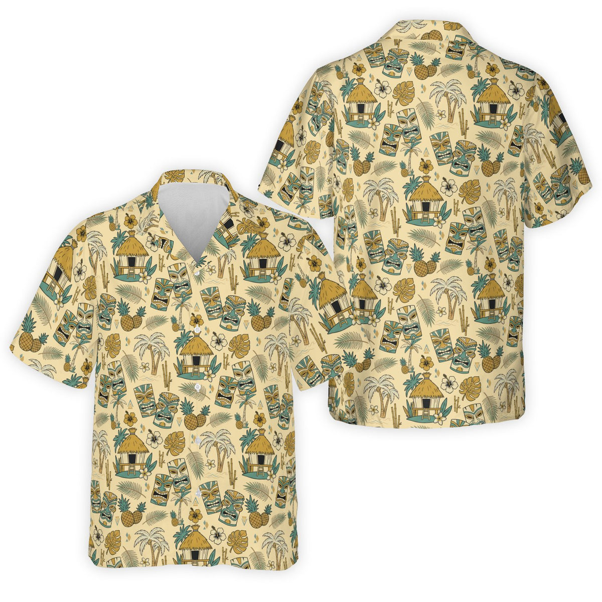 Beige tropical tiki matching family hawaiian shirt, front view