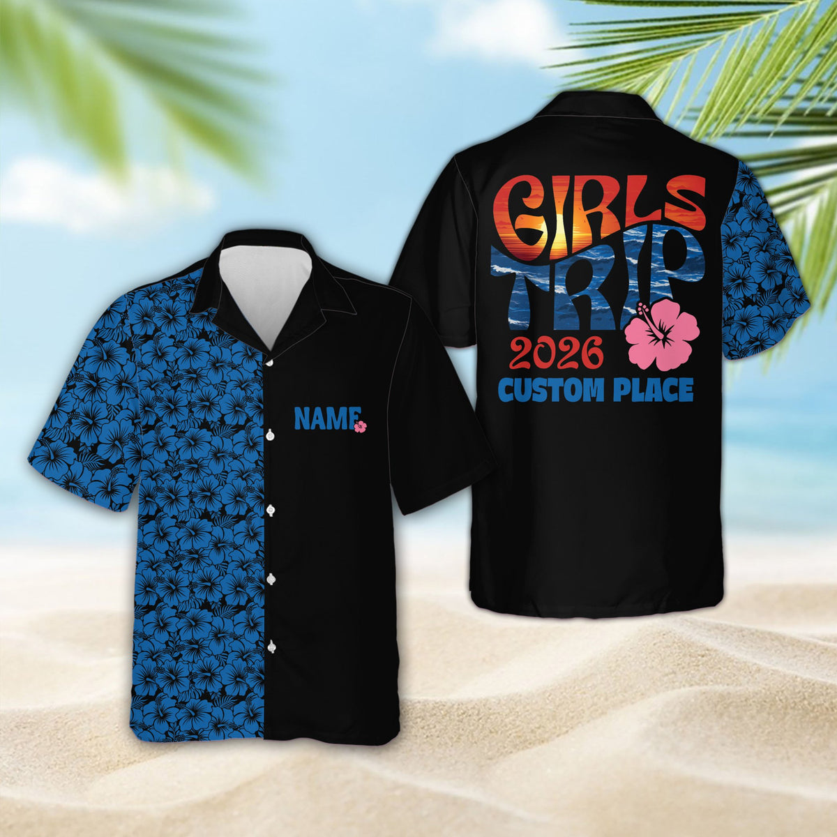 Black vacation hawaiian shirt with girls trip design, front view