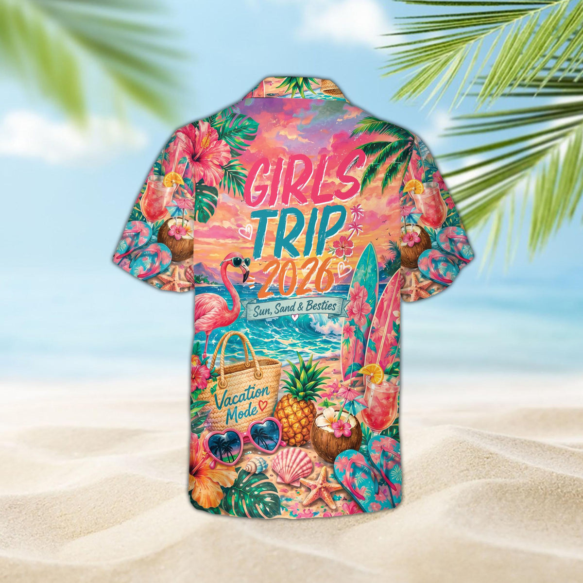 Back view of tropical hawaiian shirt displaying Girls Trip 2026 graphic and custom number