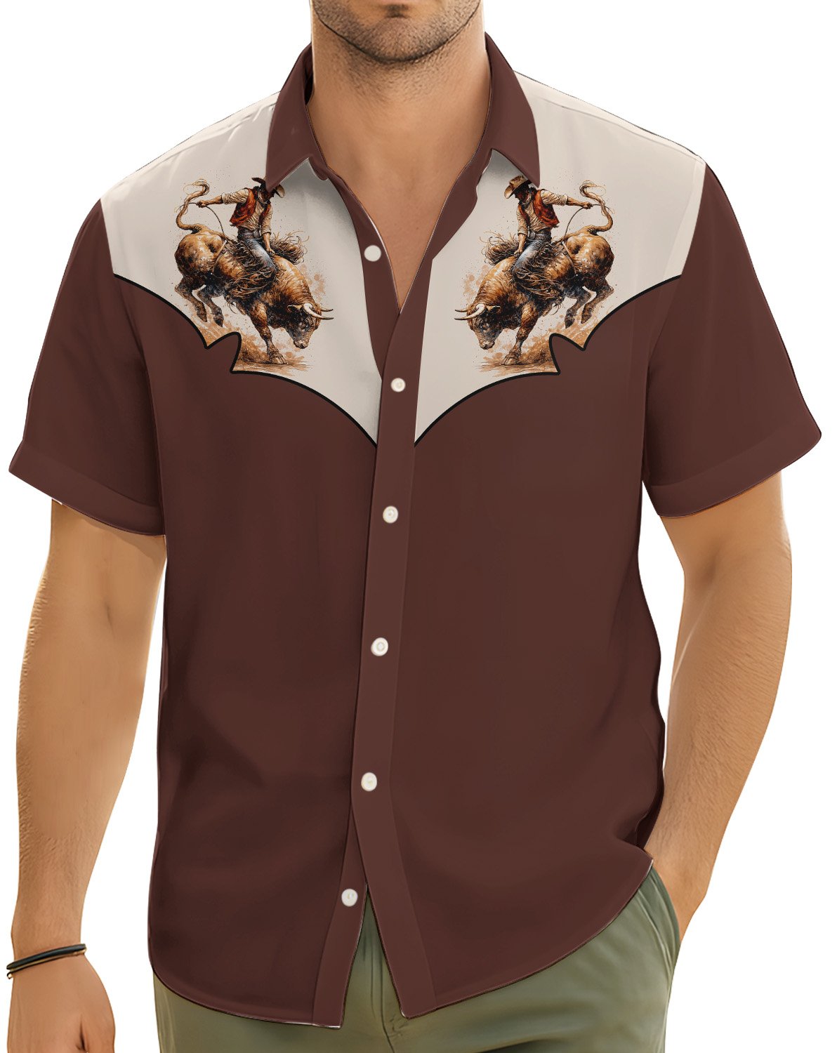 Brown western hawaiian shirt with cowboy bucking bull design, lifestyle view