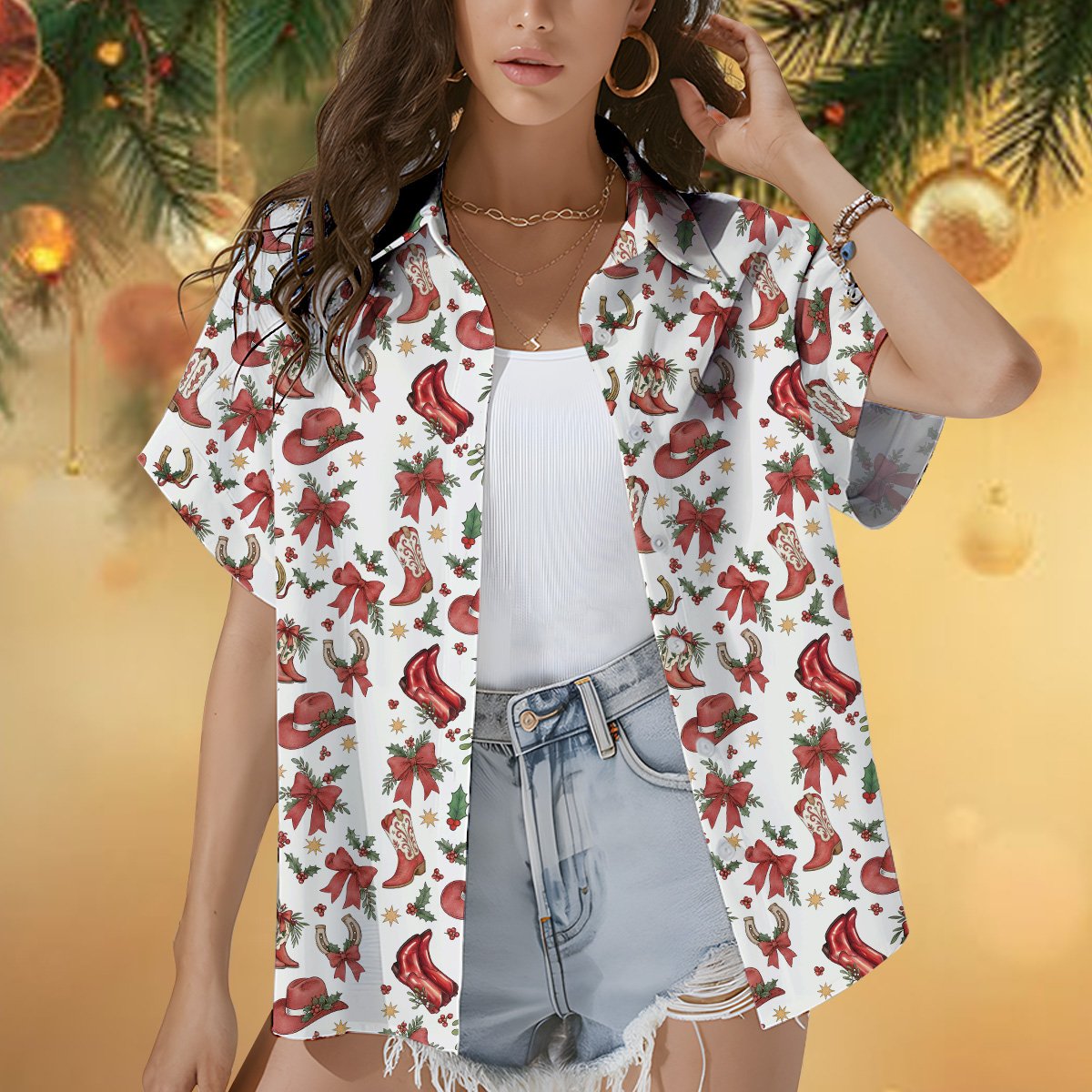 Casual lifestyle view of the white western hawaiian shirt for family gatherings