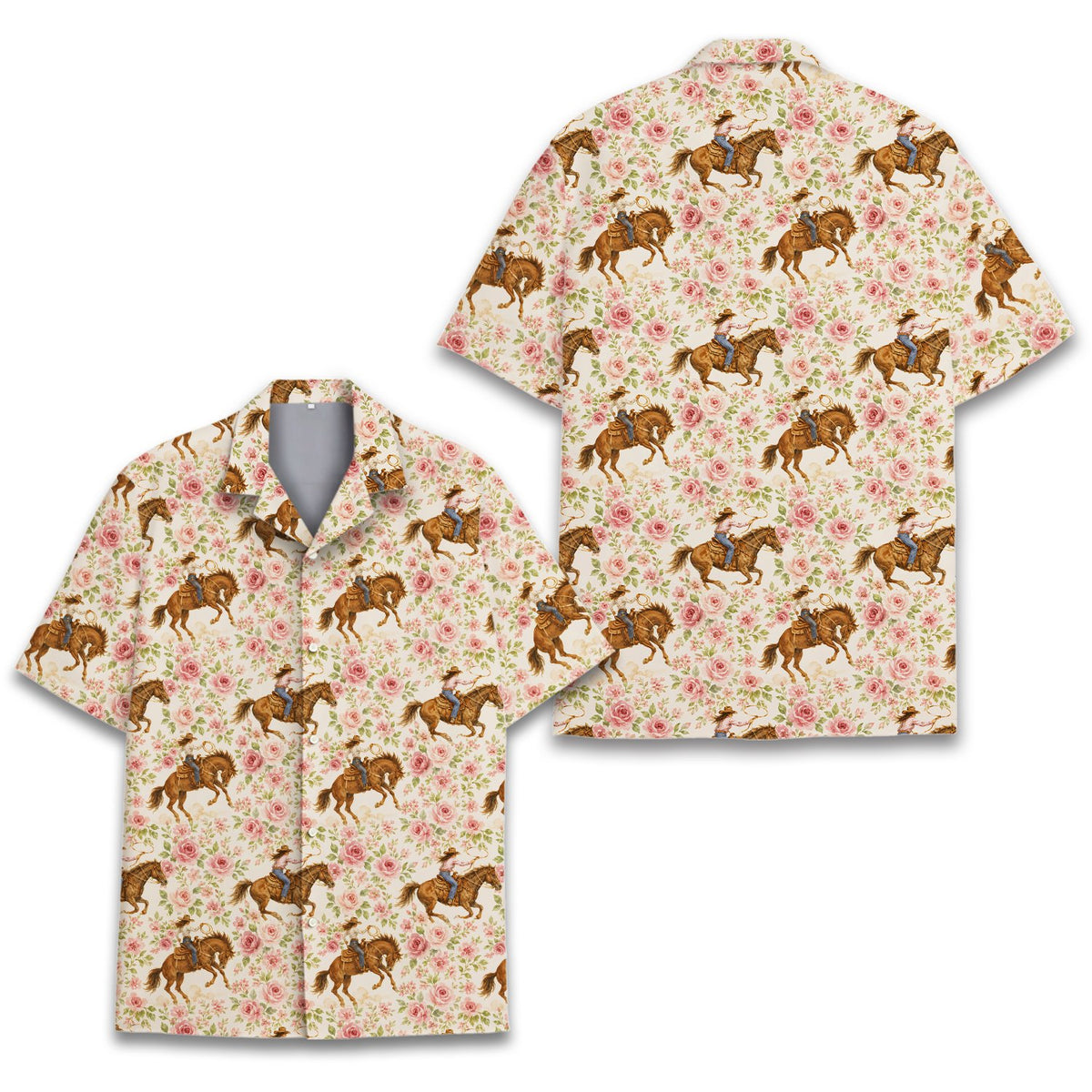 Detailed view of the western floral hawaiian shirt fabric and print