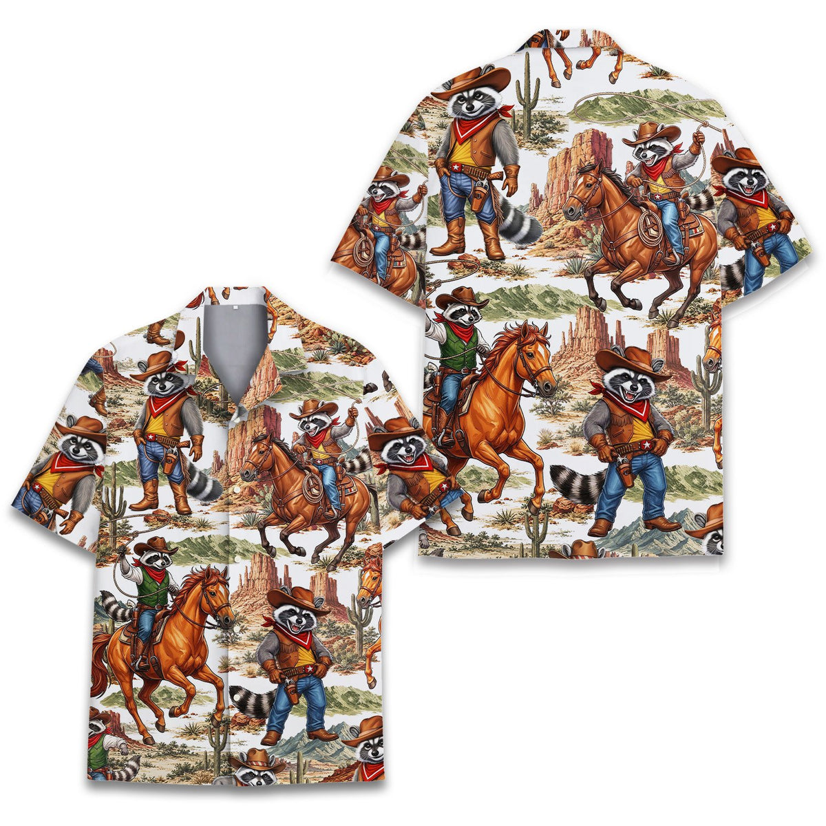 Close-up of the cartoon raccoon graphics on the matching family hawaiian shirt