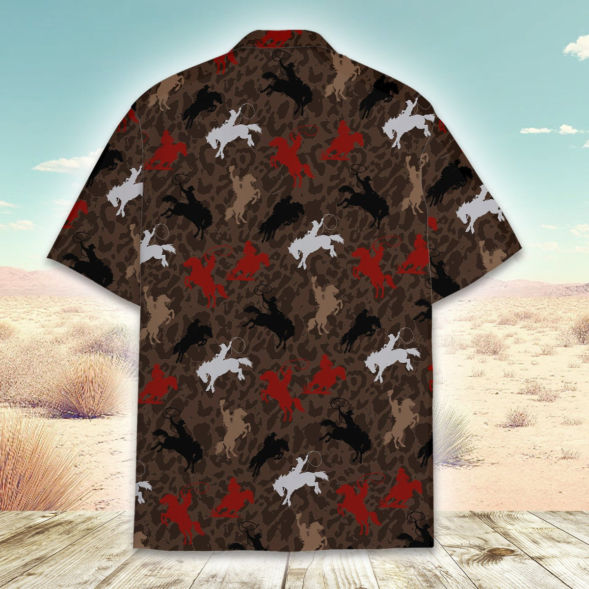 Seventh lifestyle view of the western rodeo hawaiian shirt on a model