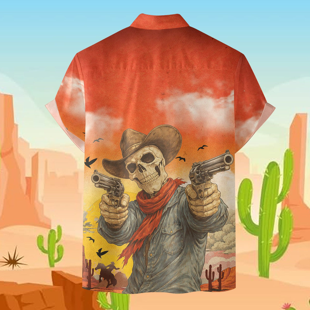 Western skeleton hawaiian shirt, detailed back view