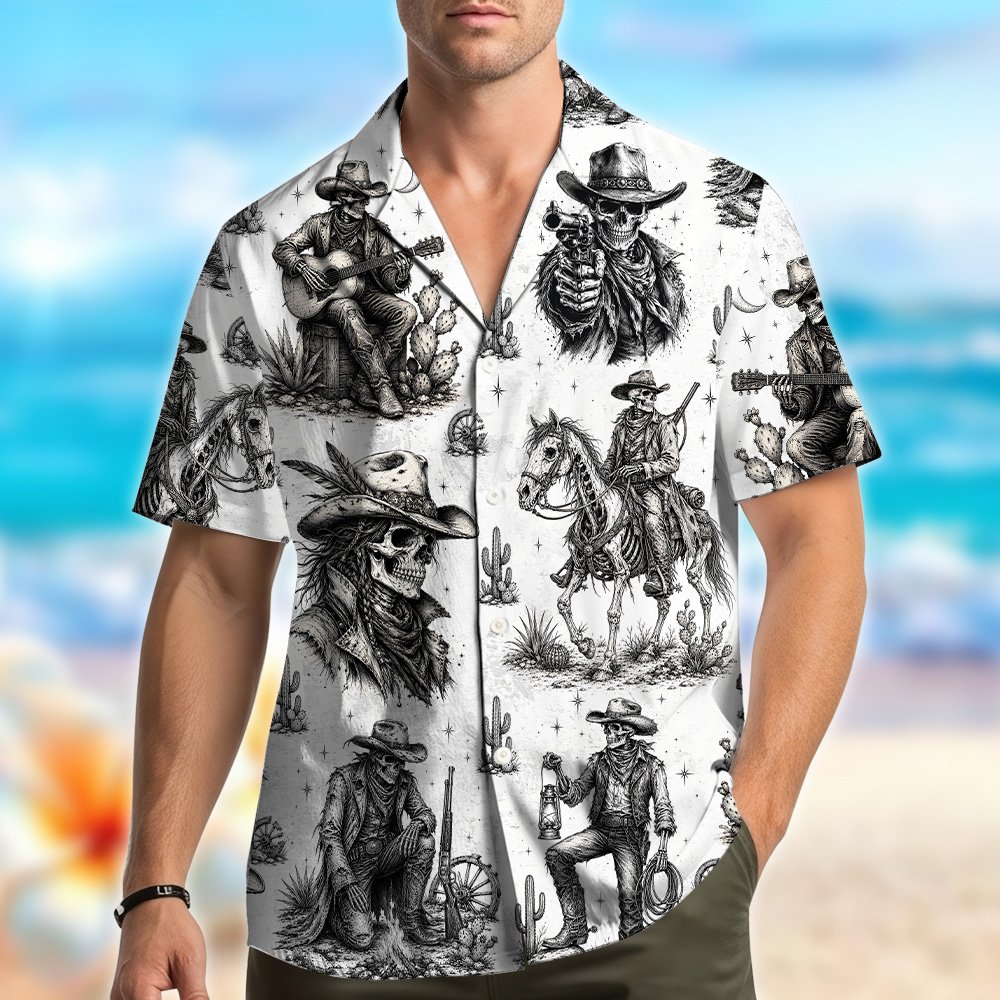 Second lifestyle view of matching family hawaiian shirts with western skeleton print