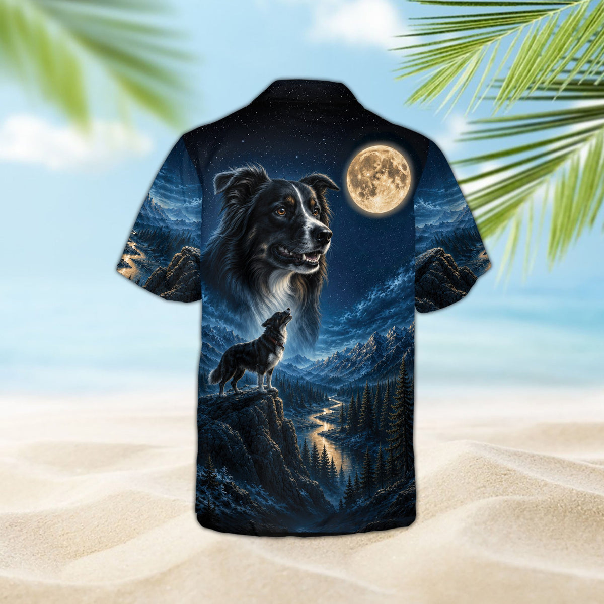 Personalized navy wolf hawaiian shirt with custom name, back view