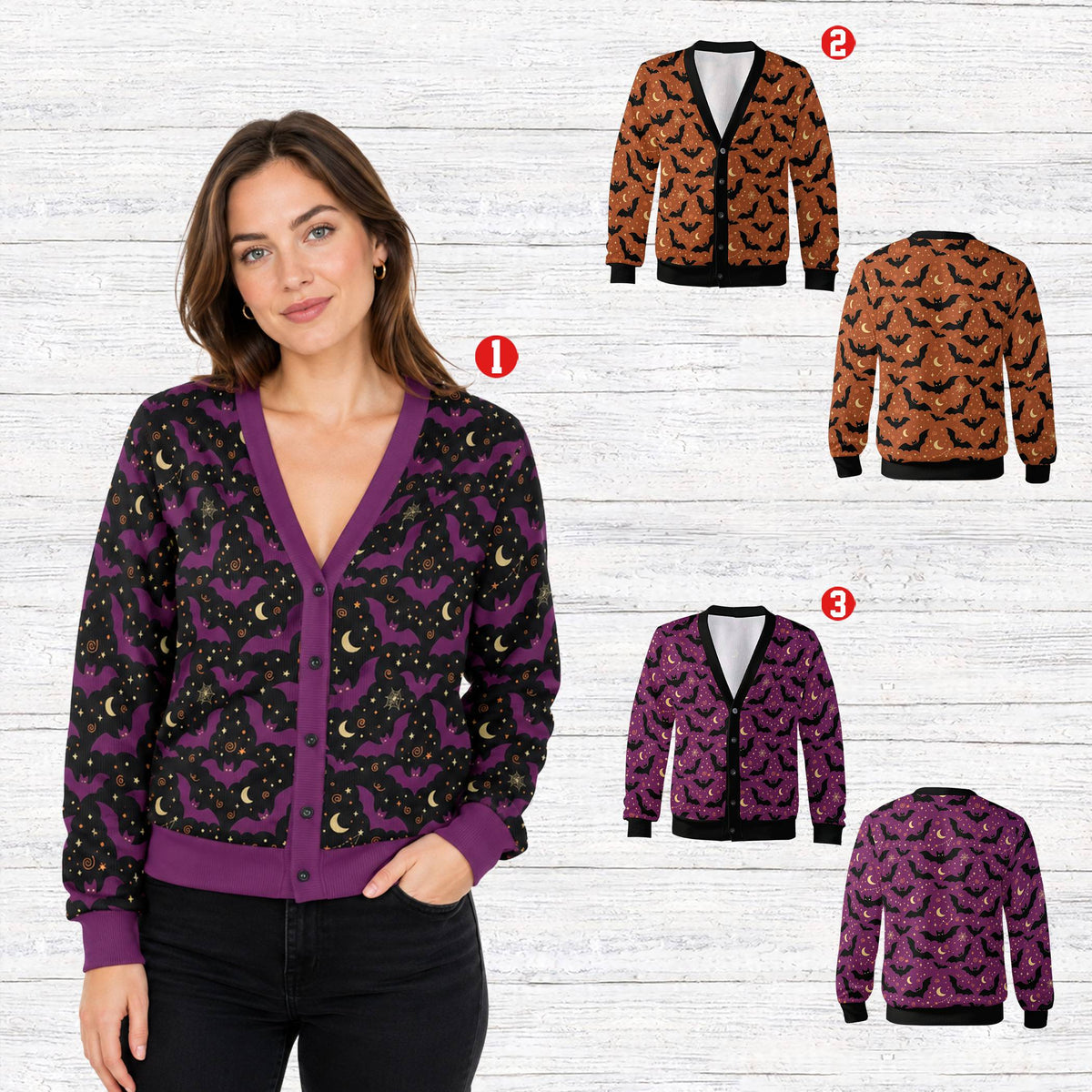 Lifestyle view of someone wearing a playful bats alternative to a red holiday cardigan