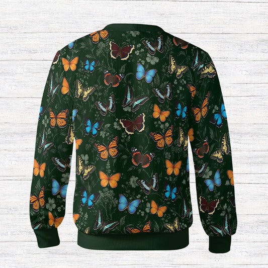 Back view of the vibrant butterfly floral cardigan showing the all-over botanical print