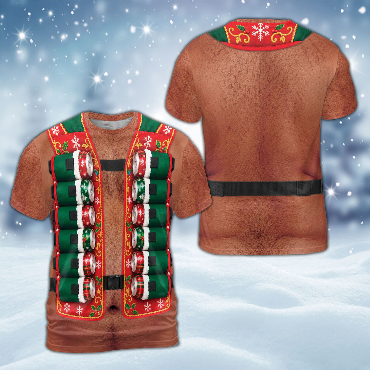 Detailed front view of the hairy chest Christmas t-shirt design