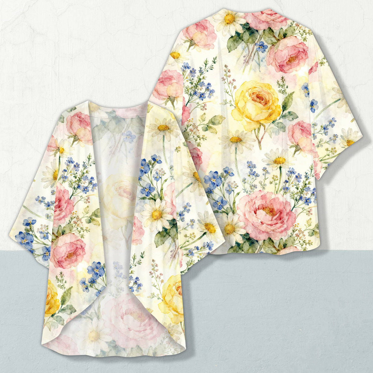 Full front view of ladies floral cardigan with blue and pink flowers