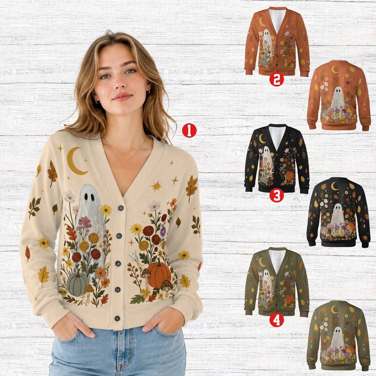 Lifestyle view of people wearing the multicolor ghost halloween cardigans
