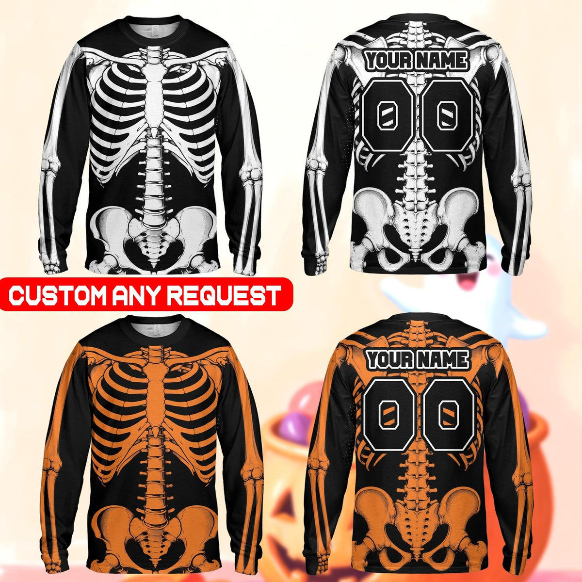 Alternate front view of the Halloween skeleton t-shirt on a black background