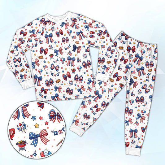 White 4th of July pajama set featuring fireworks and stars