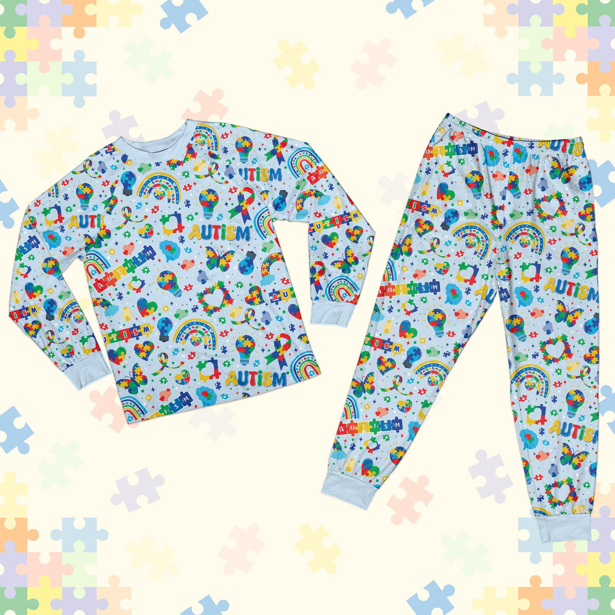 Blue style of the matching pajamas for family featuring autism awareness symbols, front view