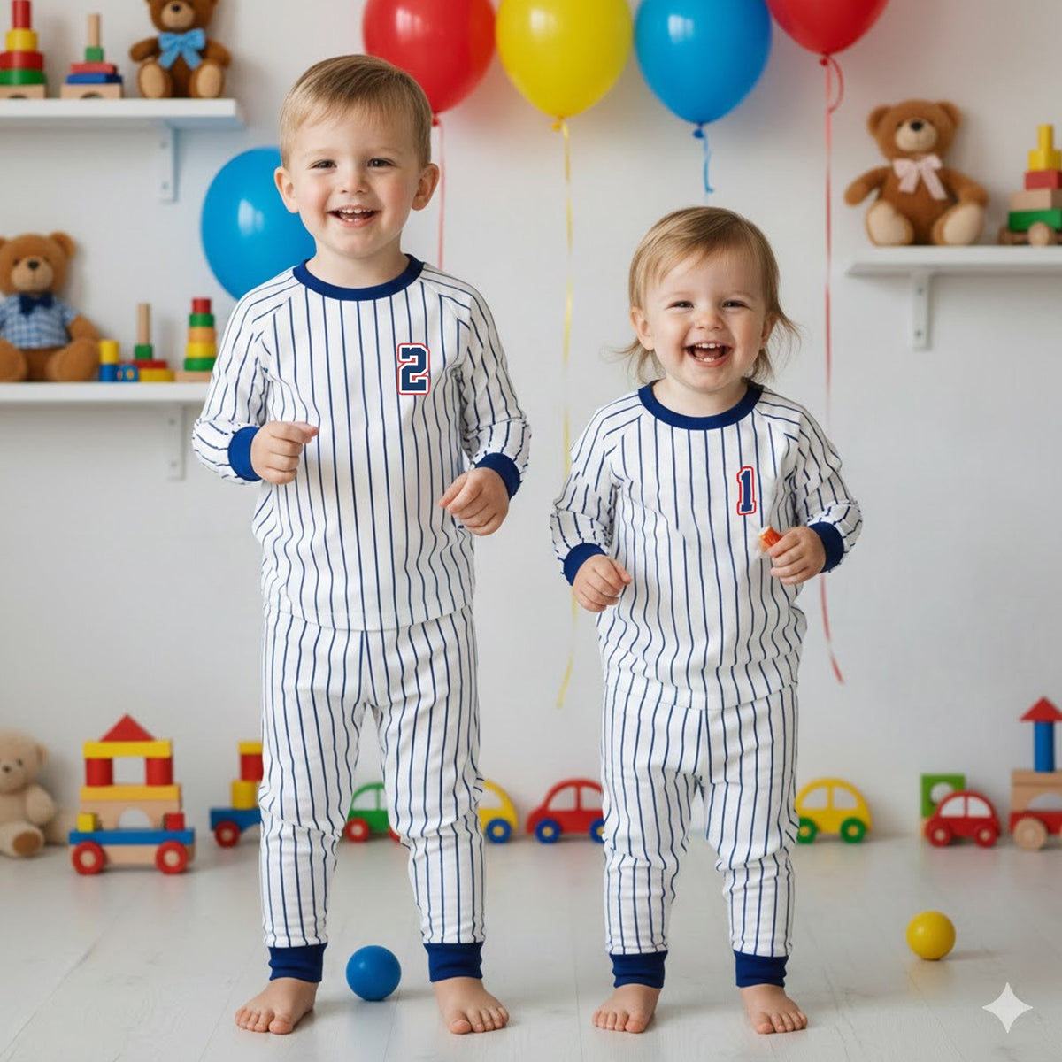 Another lifestyle view showing the personalized back of the baseball pajamas