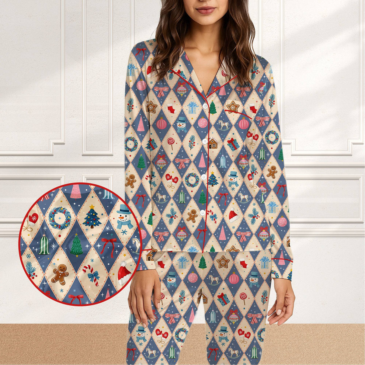 Christmas argyle pajama set featuring snowmen and trees on a navy and beige background, front view