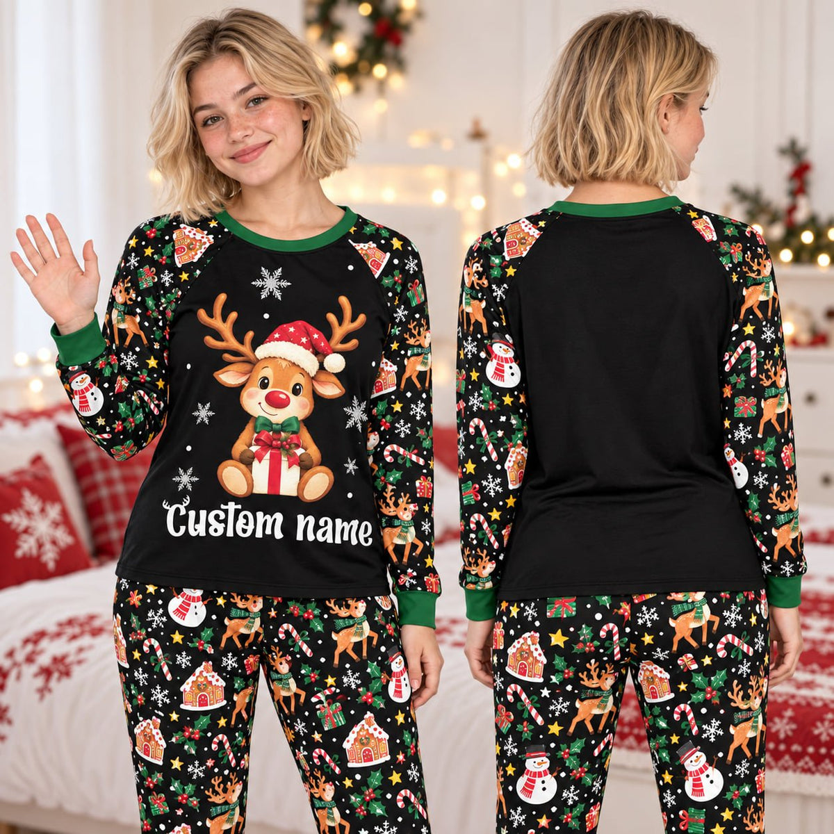 Lifestyle view highlighting the matching xmas family pajamas with repeating snowmen, candy canes, and gingerbread house patterns.