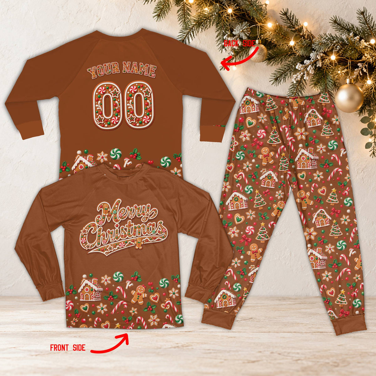 Back view of the christmas pajama set showing custom name and number personalization