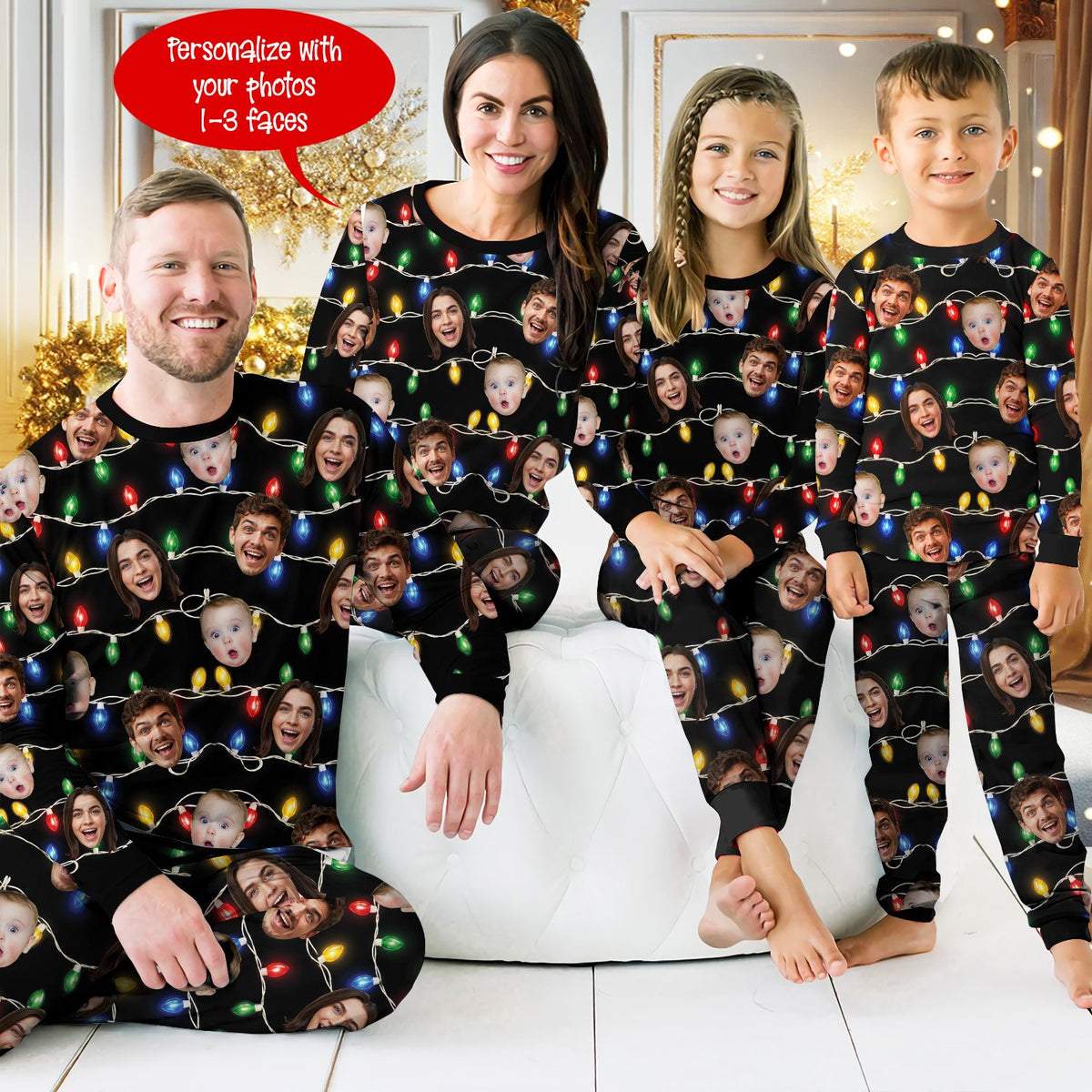 Another lifestyle view showcasing the holiday matching family pajamas in a festive setting