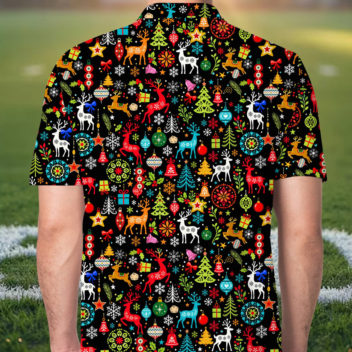 Colorful holiday matching pajamas family set, back view 5