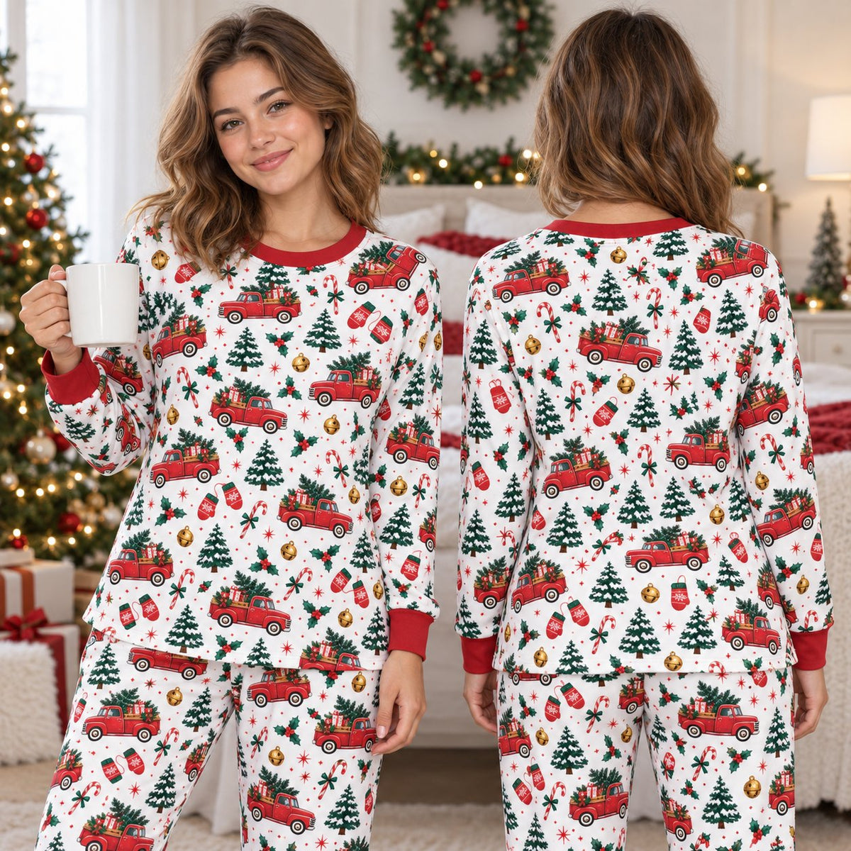 Overall view of the holiday pattern on the pajama set