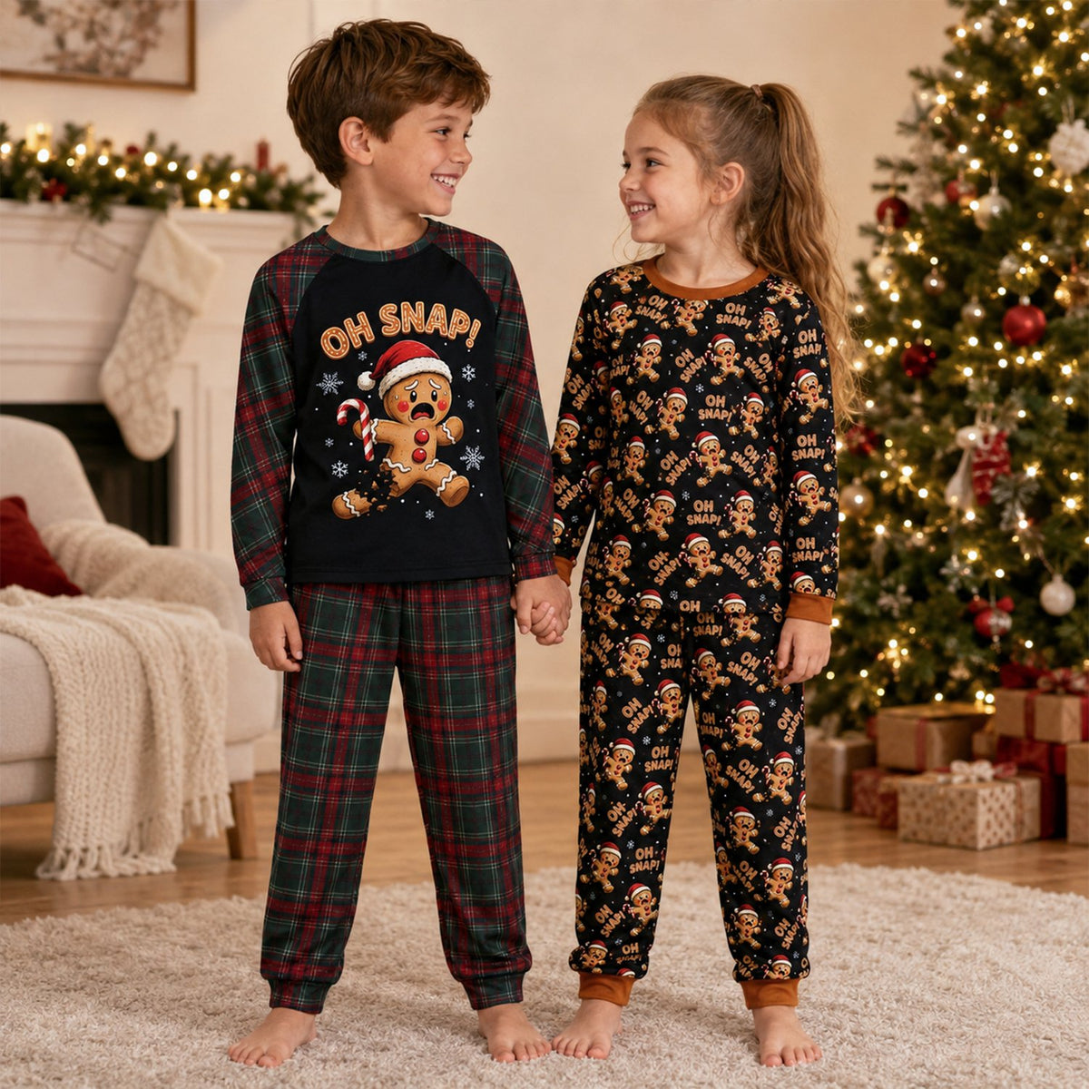 Group lifestyle shot of the family enjoying their matching family xmas pajamas
