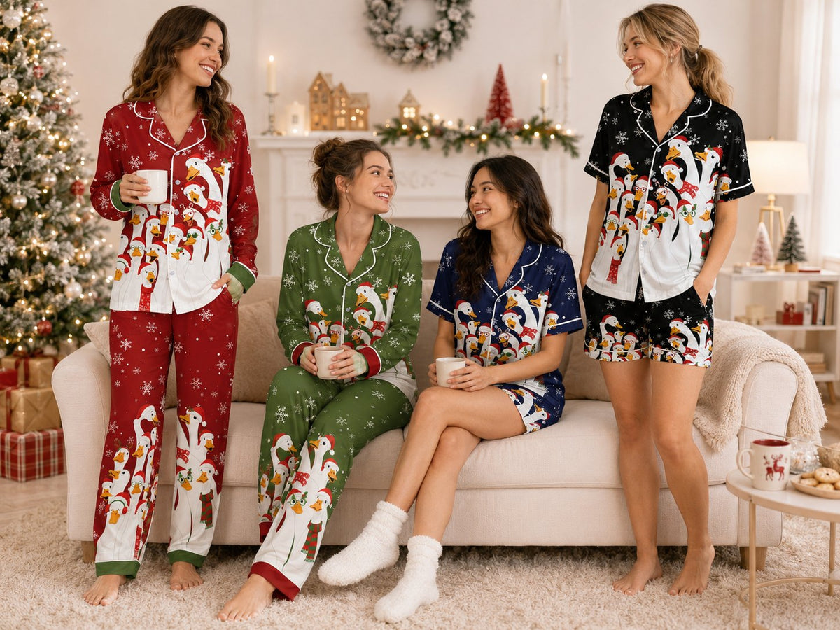 Family wearing their matching family christmas pajama set featuring festive ducks