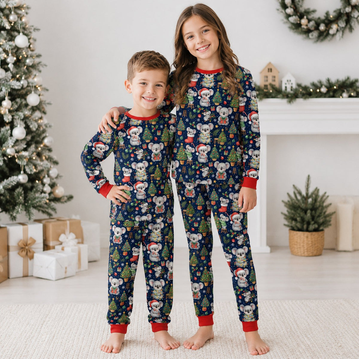 Another lifestyle view showing the matching family holiday pajama set