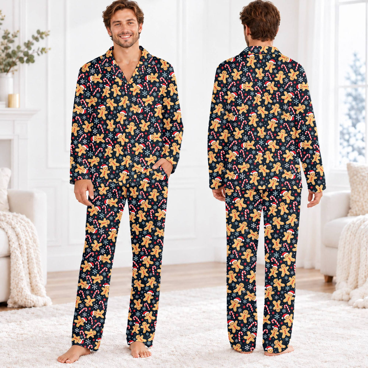 Family wearing the matching holiday pajamas in a festive lifestyle setting