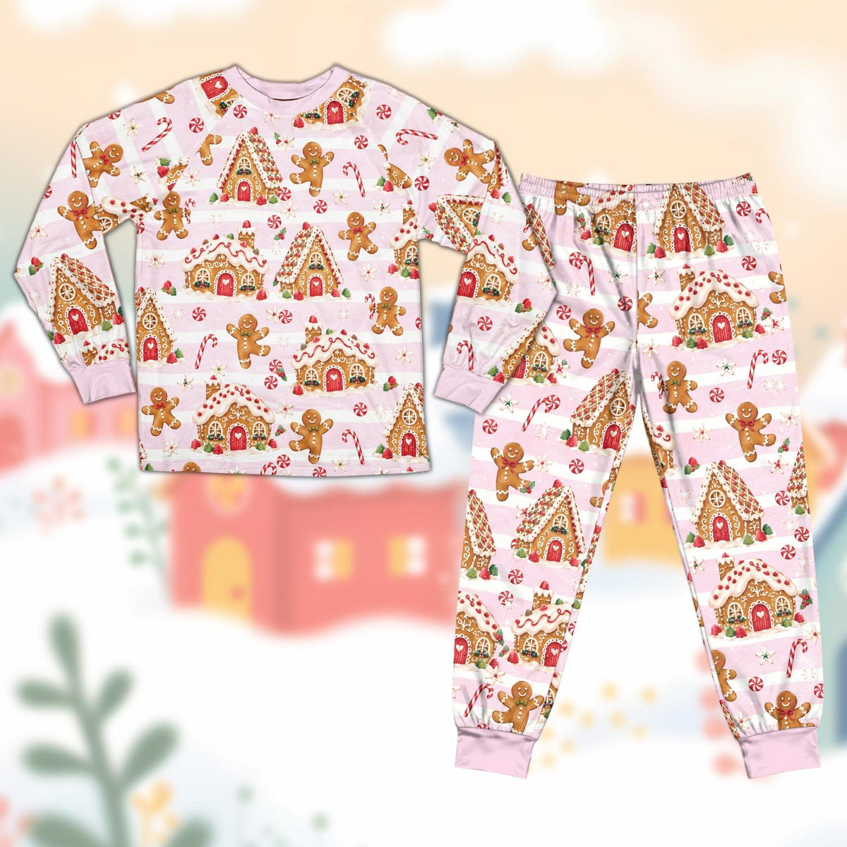 Close up of pink gingerbread christmas pajama set pattern with candy canes
