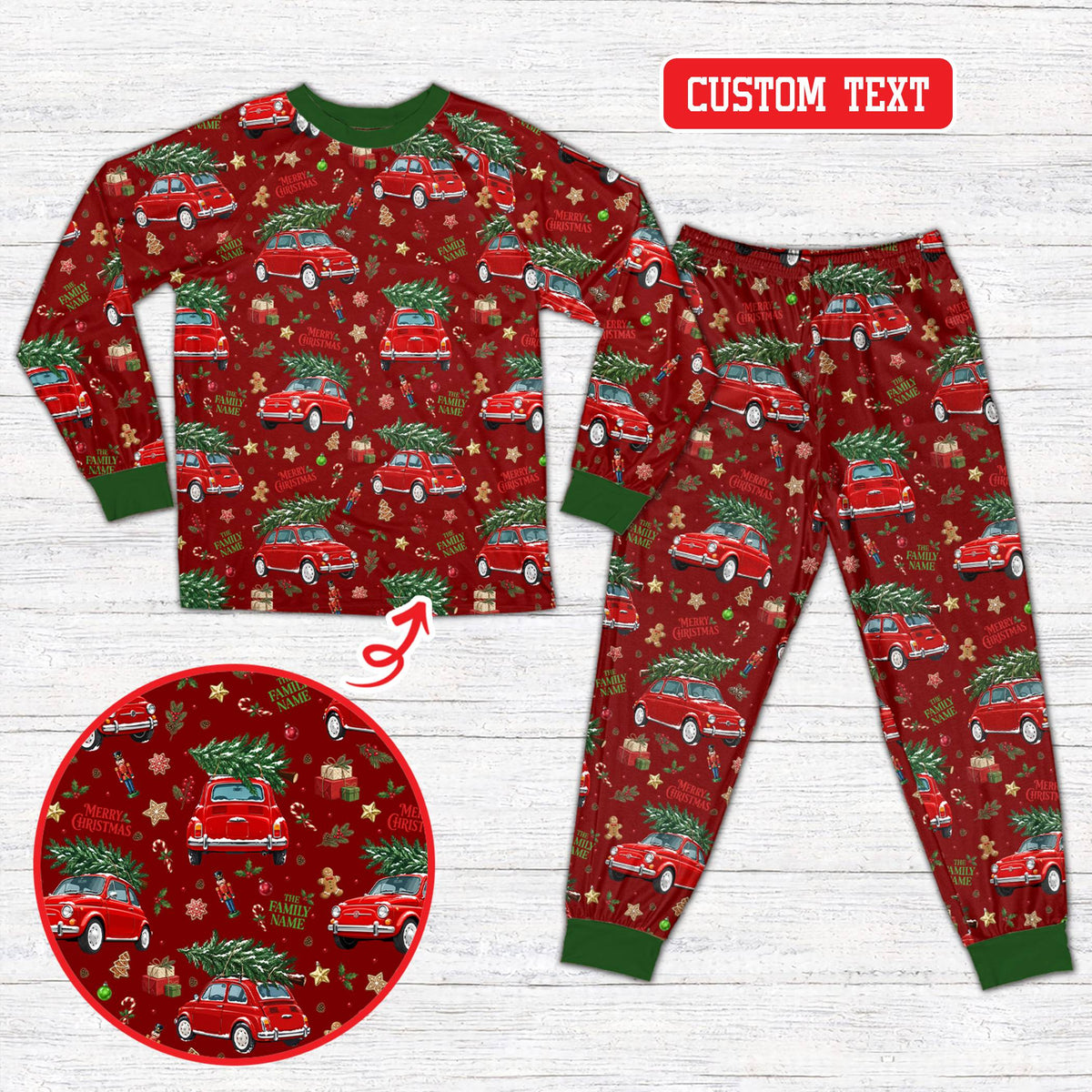 Close up lifestyle view of family wearing matching red holiday pajamas with custom names and numbers