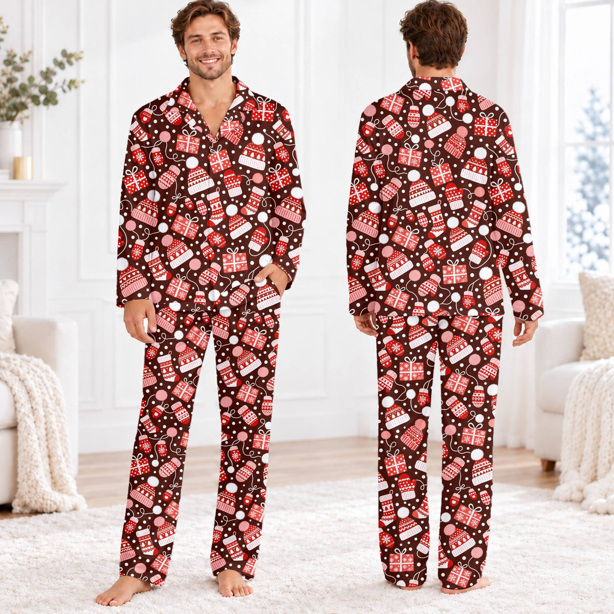 Lifestyle view of the red matching family holiday pajamas