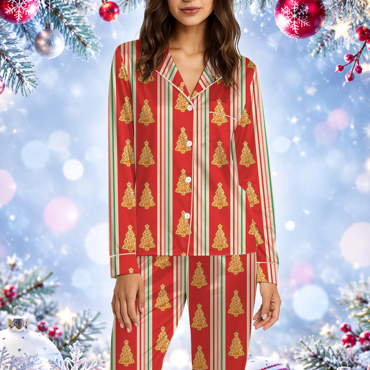 Couple wearing festive striped matching family pajamas