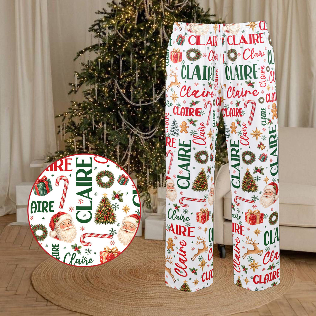 Lifestyle view of a family wearing the white holiday matching family pajamas