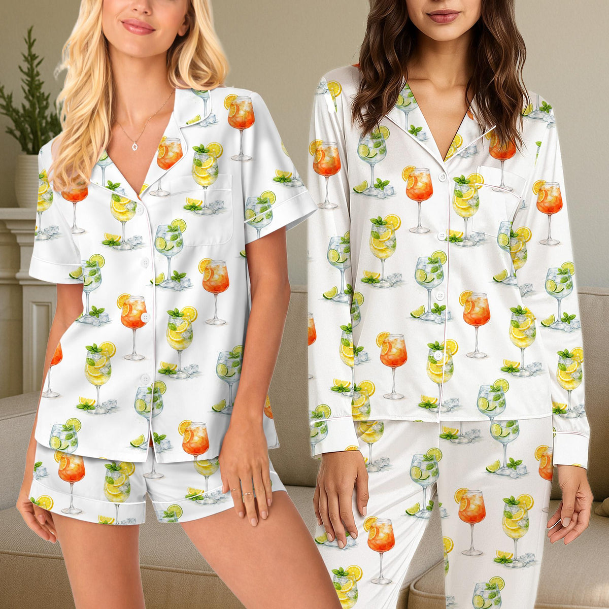 White cocktails pajama set featuring watercolor summer drinks print, front view 6