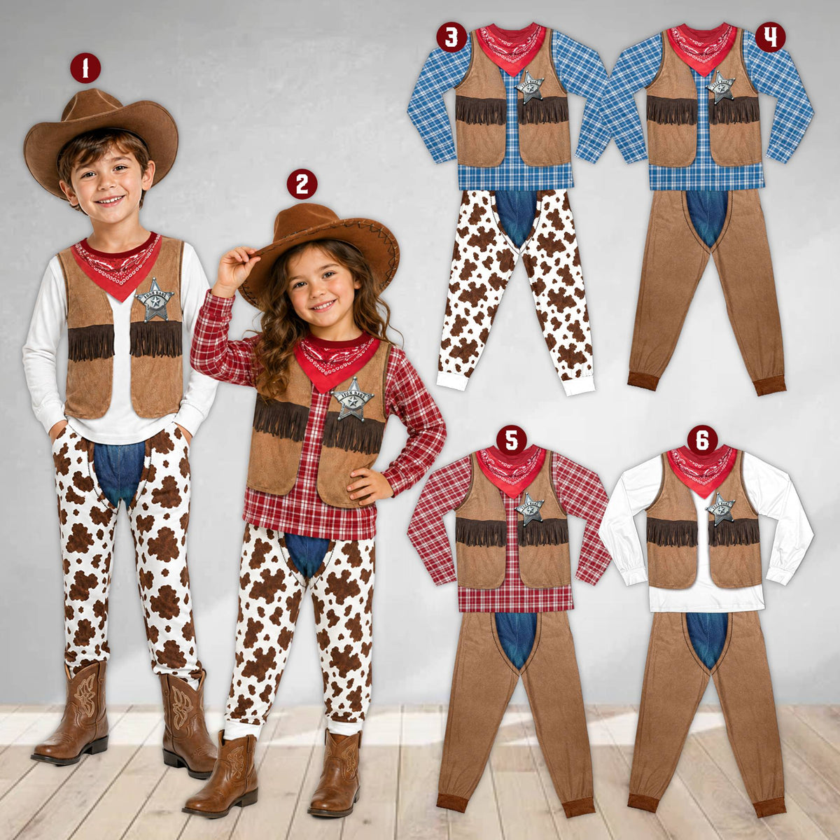 Lifestyle view showing matching family pajamas in the cowboy theme