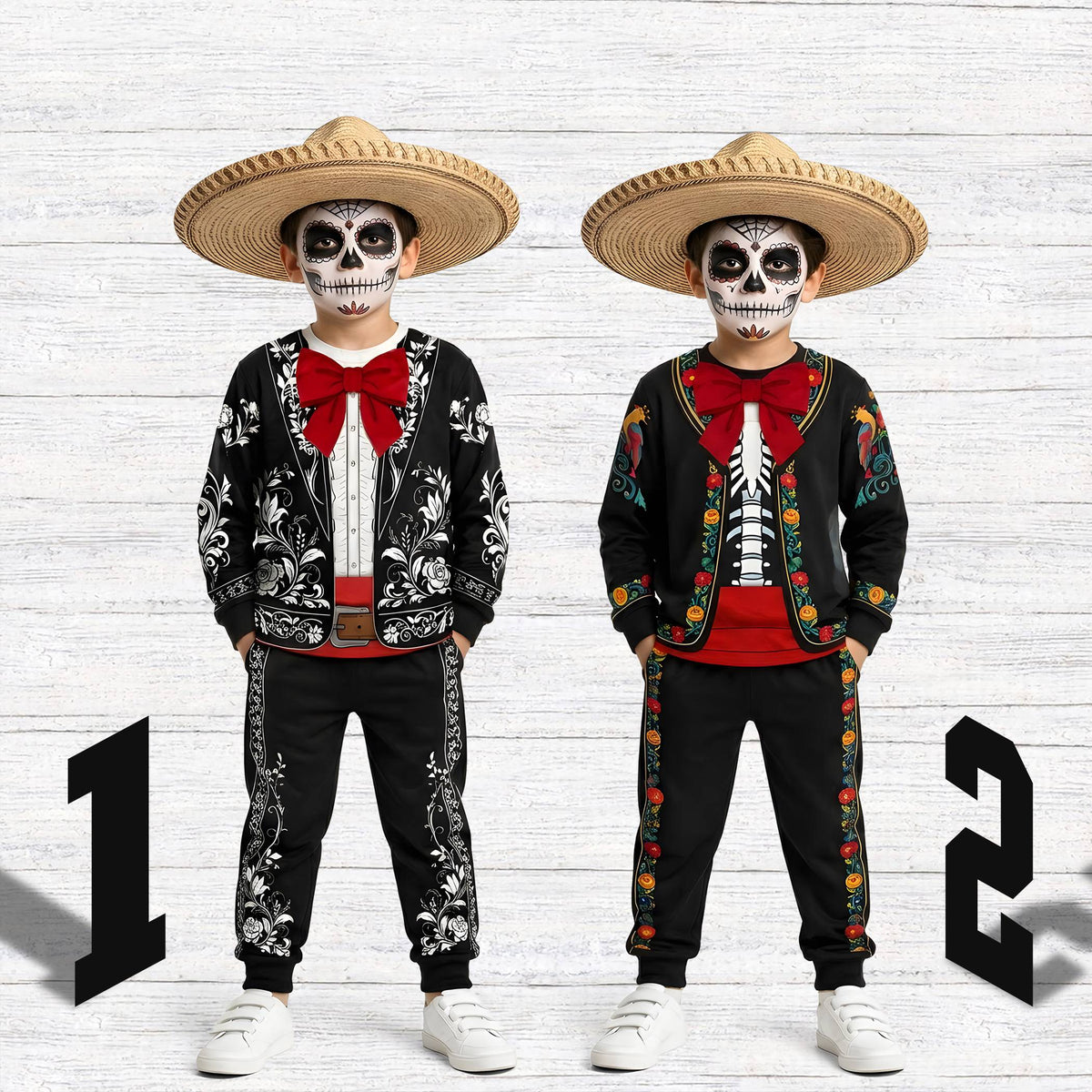 Detailed view of the faux red bow tie and skeleton rib cage design on the pajamas.