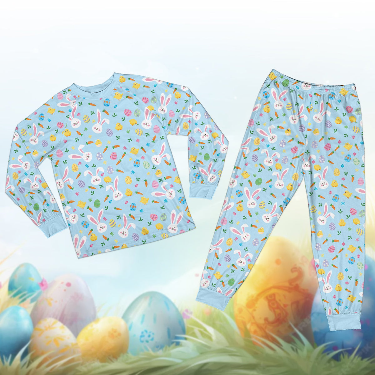 Front view of blue family matching holiday pajamas with easter pattern