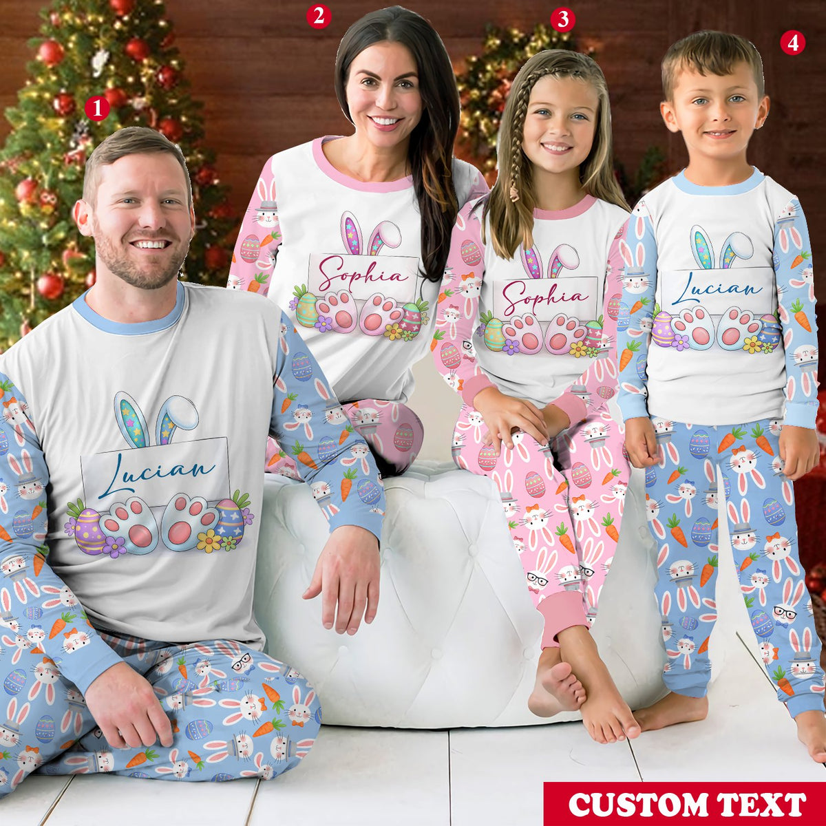 Family enjoying spring morning in matching family pajamas