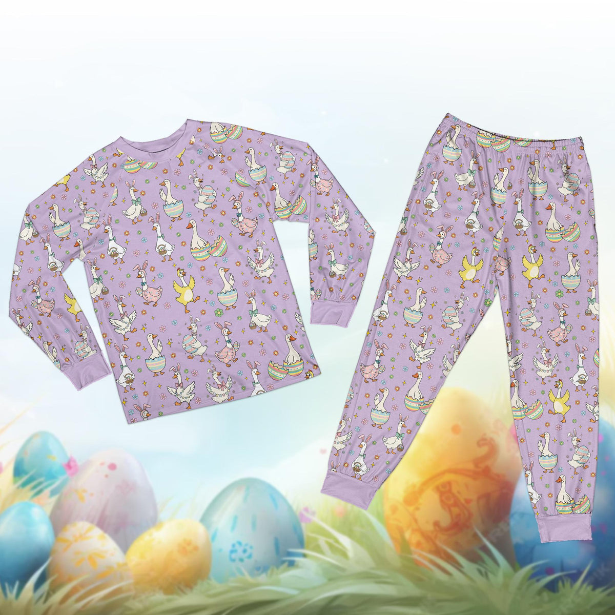 Front view of the purple Easter pajama set with geese wearing bunny ears design