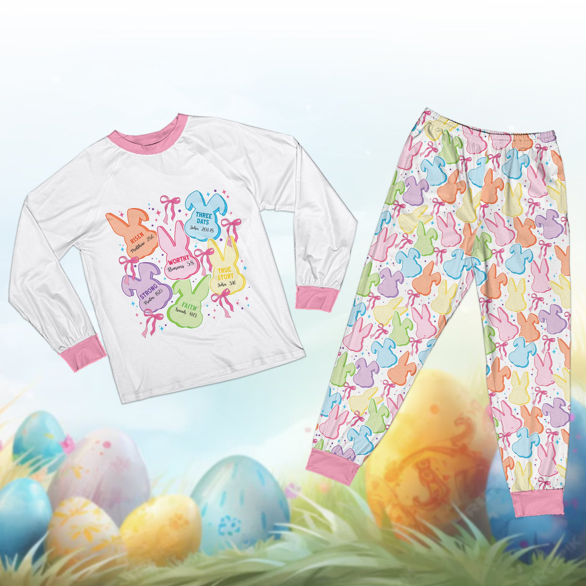 Another front view of the religious Easter matching family pajamas