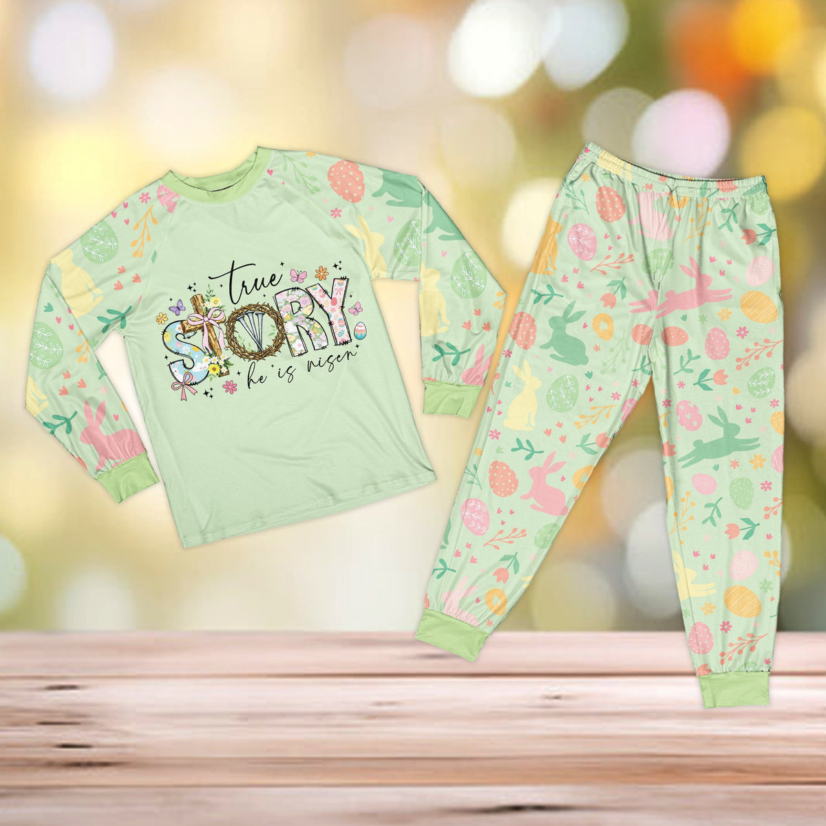 Green top faith pajama set with Easter bunny and egg pattern pants