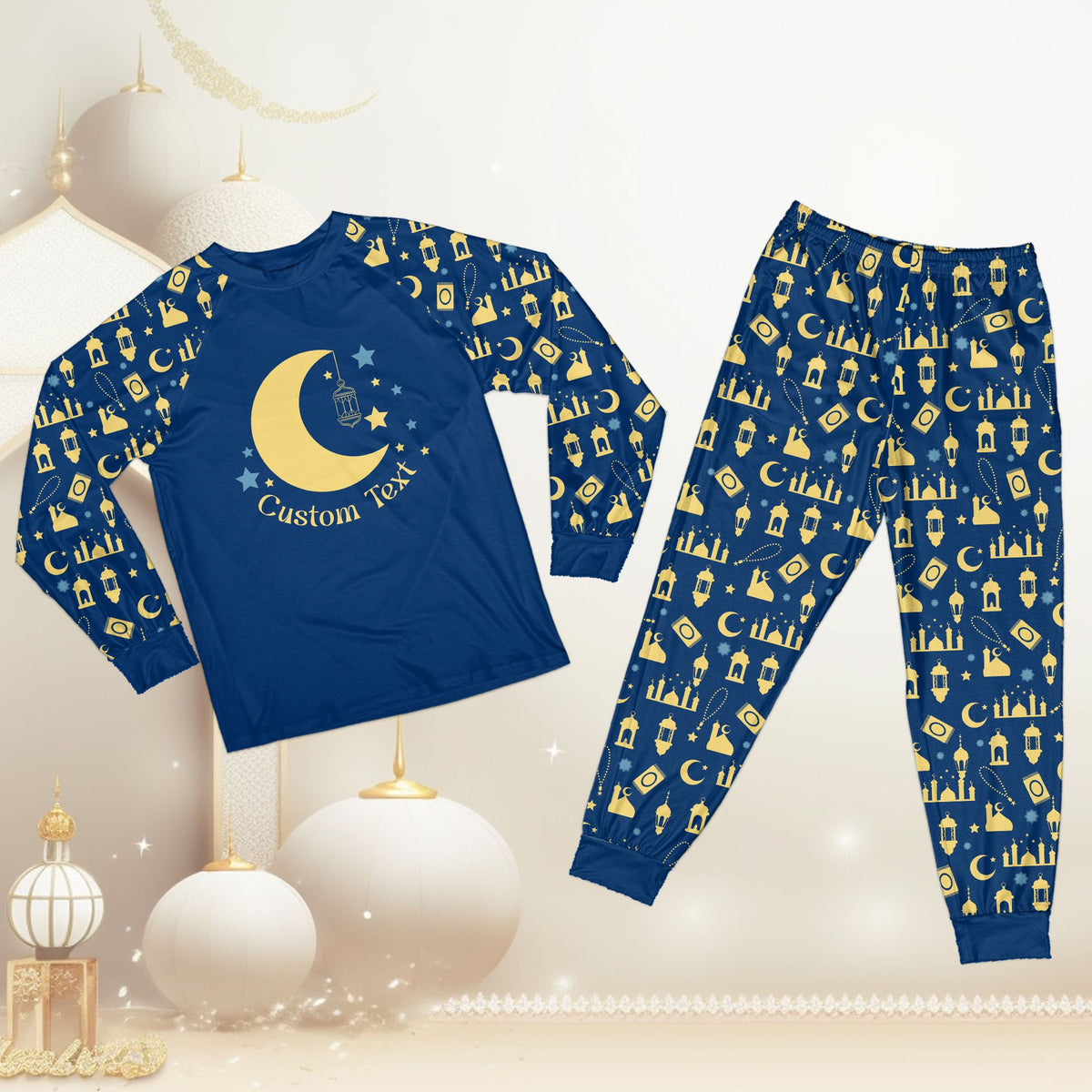 Additional front view of the faith pajama set showing detailed crescent moon and mosque motifs