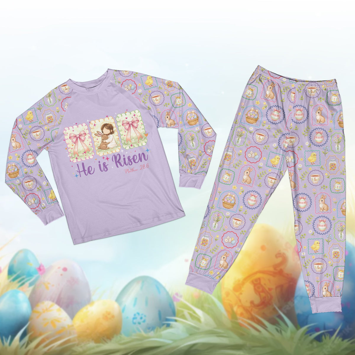 Purple faith pajama set shirt featuring Jesus holding a bunny