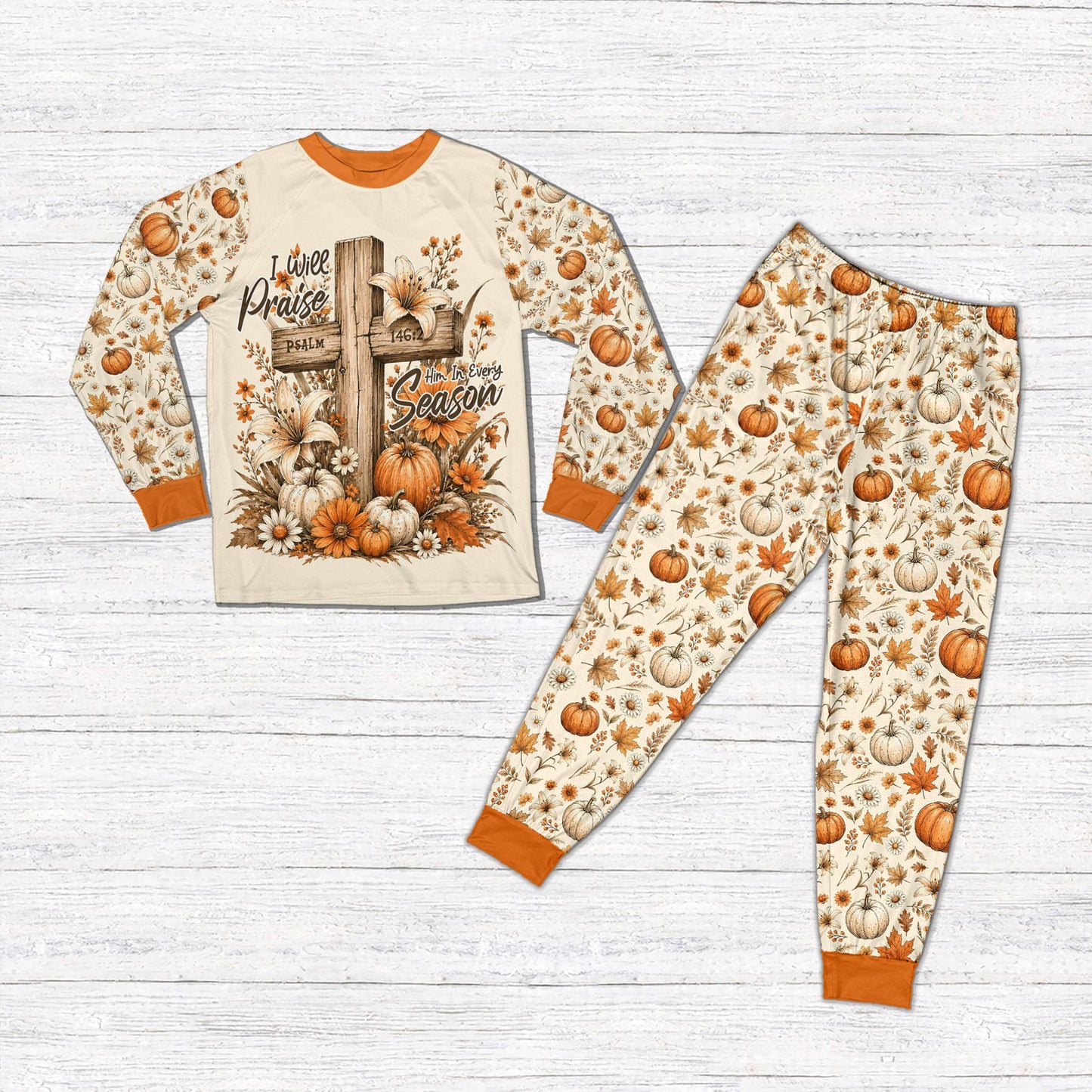 Detailed view of the pumpkin and wooden cross pajama pattern