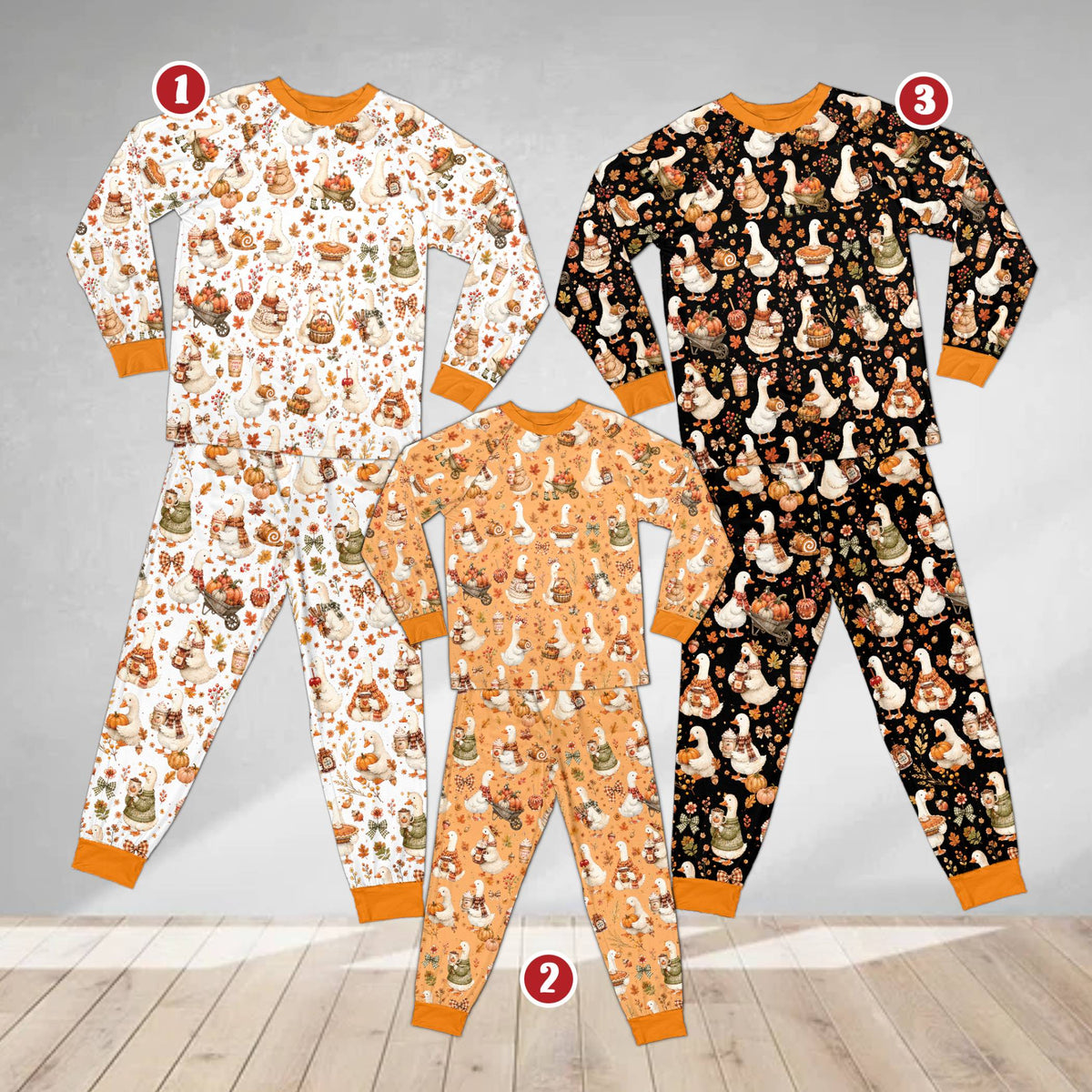 Fall goose pajama set in multicolor featuring illustrated autumn geese, front view