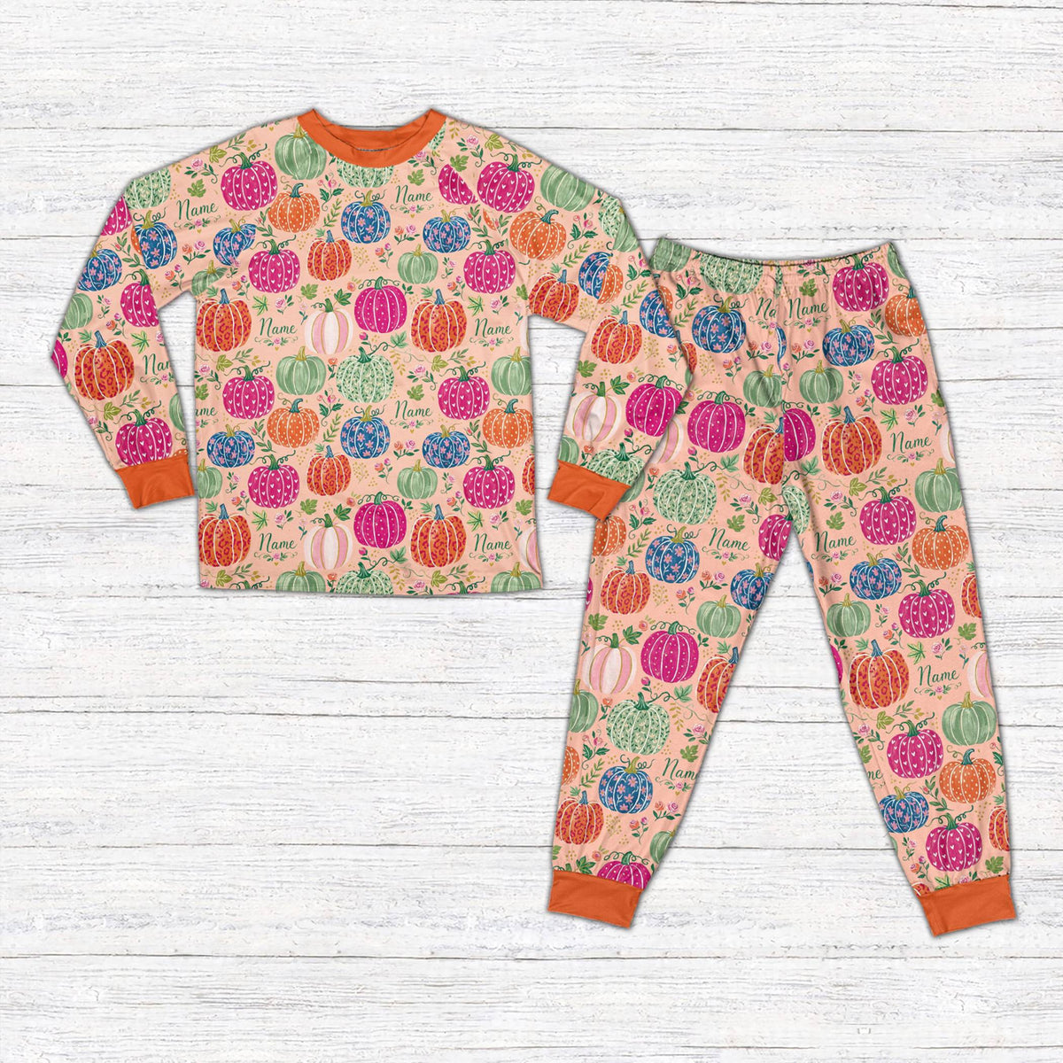 Alternative pink front view of the customized floral pumpkin pajama set